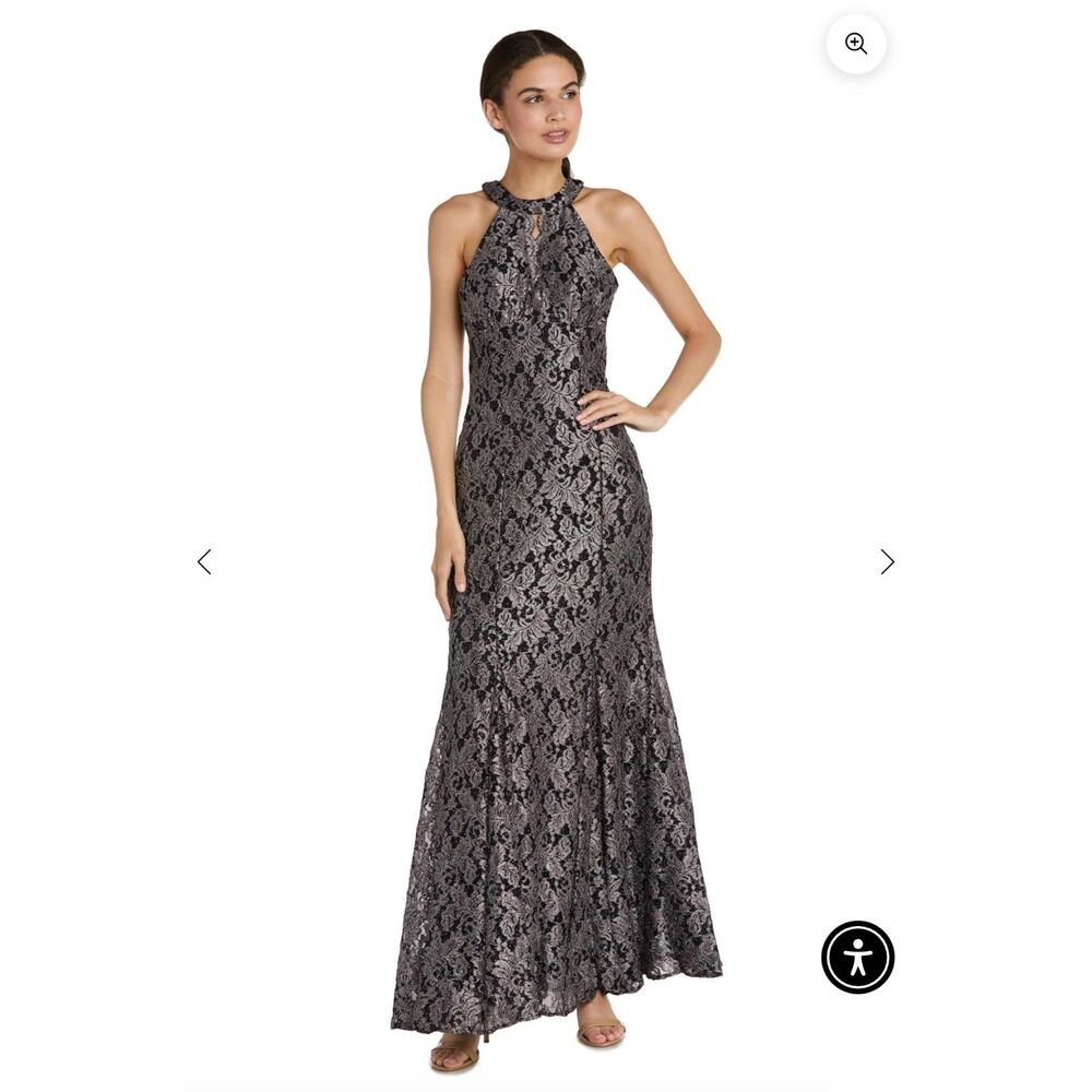 NW Nightway Black Silver Metallic Lace Dress 10P NWT Petite Formal